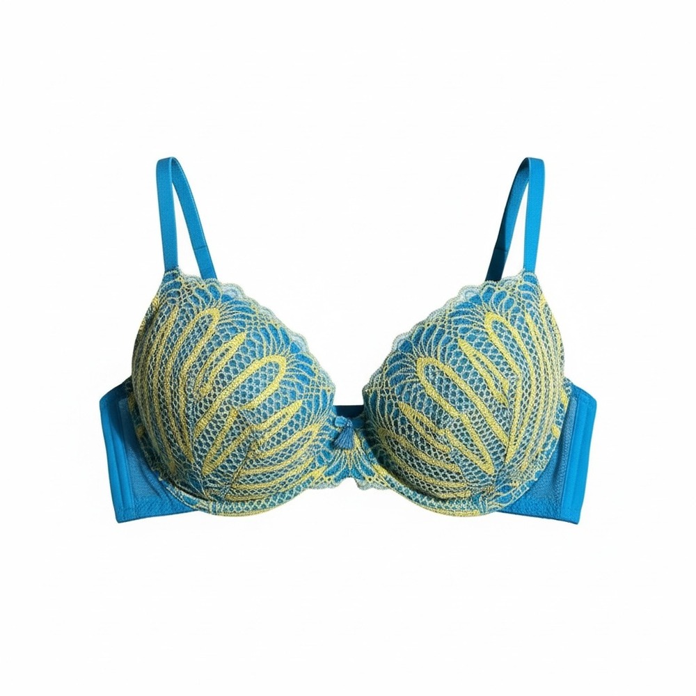 Savage X Fenty Blue Lace Mesh Underwire Bra Adjustable Straps‎ Measured 32B
